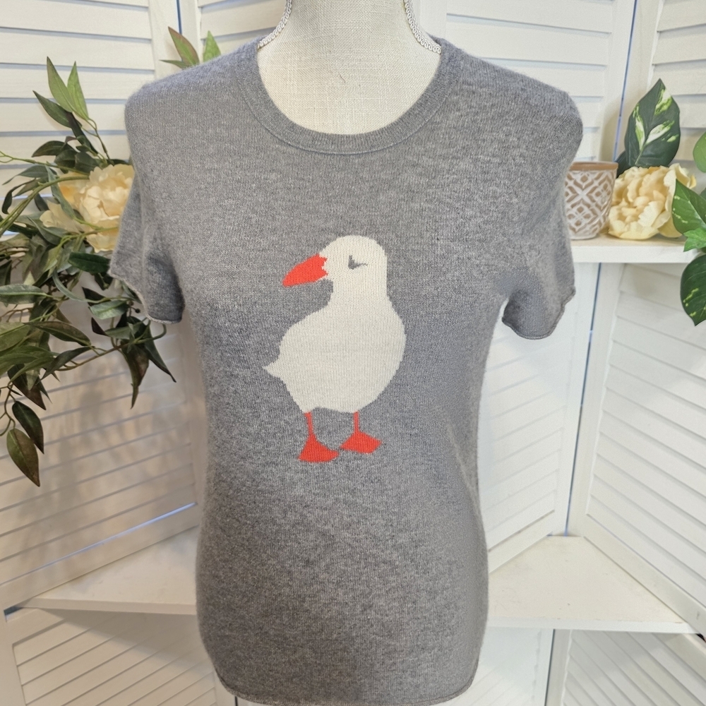 J. Crew Gray Tee with White and Red Bird Design 1428 Med